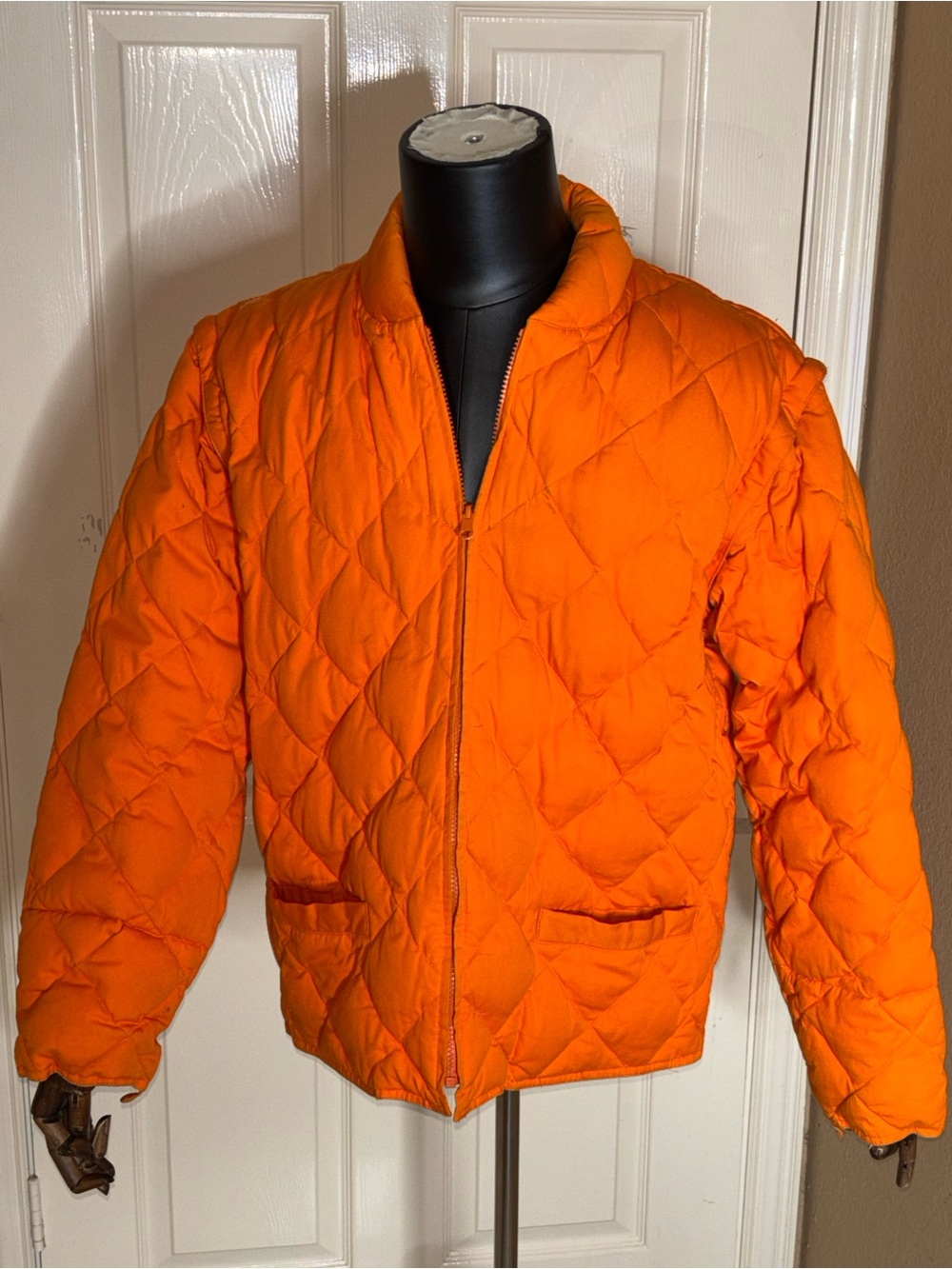 Vintage J Crew Men's Quilted Down Convertible  Jacket Vest Orange Large